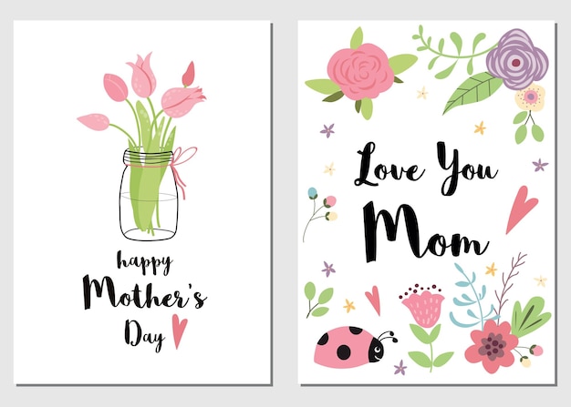 Conjunto de tarjetas del día de la madre Te amo mamá Ilustración de vector romántico dibujado a mano con tulipanes flores de pradera rosa hojas y ramas de mariquita Linda colección de símbolos encantadores para el día de mamá Plantillas