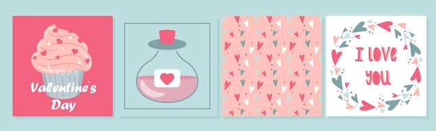 Vector conjunto de tarjetas del día de san valentín en romance de amor de estilo plano