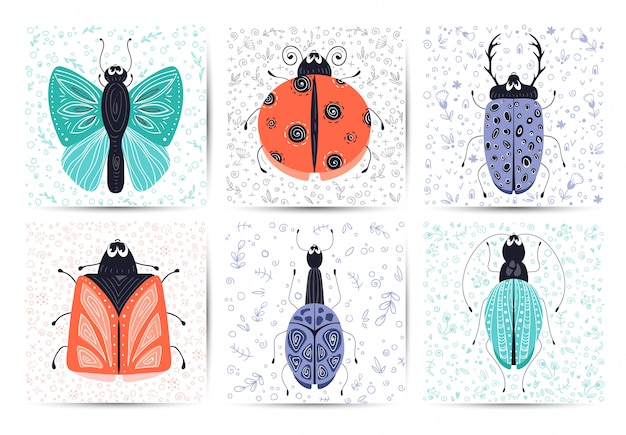 Vector conjunto de tarjetas con dibujos animados vector bug o escarabajo, plano