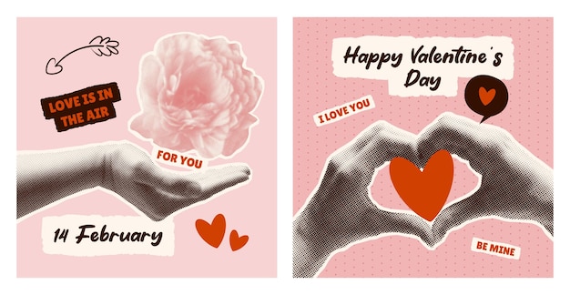 Conjunto de tarjetas con elementos de amor para el Día de San Valentín Manos de medio tono Gremos de flores flechas de Cupido