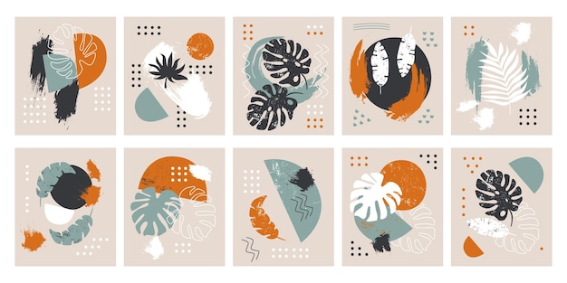 Conjunto de tarjetas con elementos decorativos de diseño floral y texturas geométricas grunge colores pastel