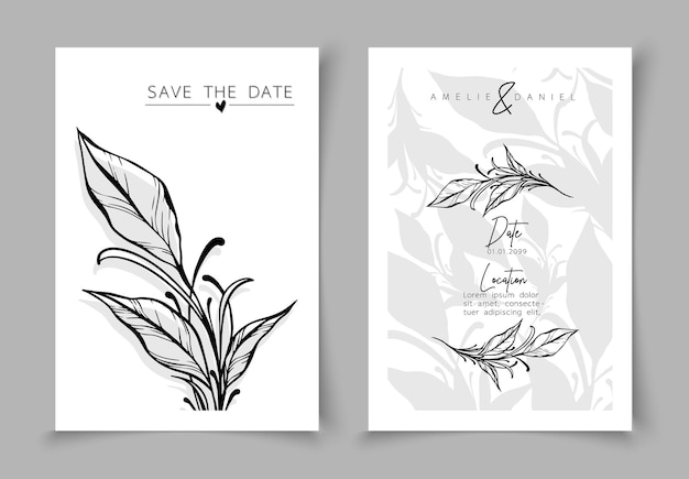 Conjunto de tarjetas elementos mínimos de ramas dibujados a mano en estilo de arte de línea plantilla de marco de hojas botánicas