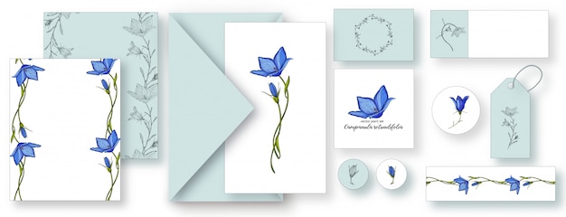 Conjunto de tarjetas con un estampado floral brillante. Flores de campana azul