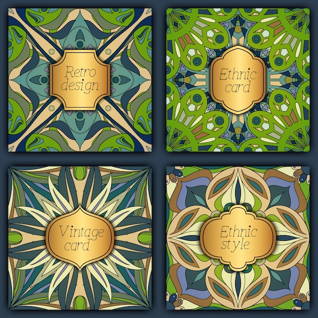 Conjunto de tarjetas en estilo vintage. Plantillas de diseño vectorial Marcos y fondos de la vendimia.