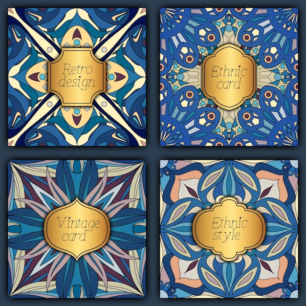Conjunto de tarjetas en estilo vintage. Plantillas de diseño vectorial Marcos y fondos de la vendimia.