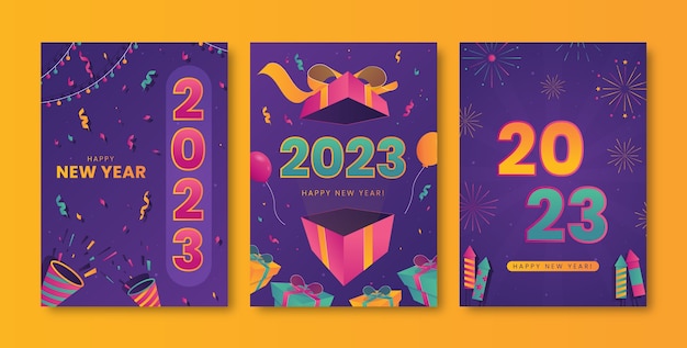 Conjunto de tarjetas de felicitación de año nuevo degradado 2023