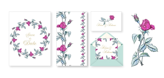 Conjunto de tarjetas de felicitación con brillantes colores rosas.