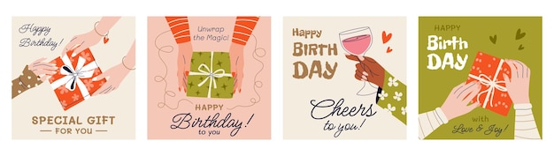 Conjunto de tarjetas de felicitación de cumpleaños cuadradas o invitaciones a fiestas Tarjetas postales festivas