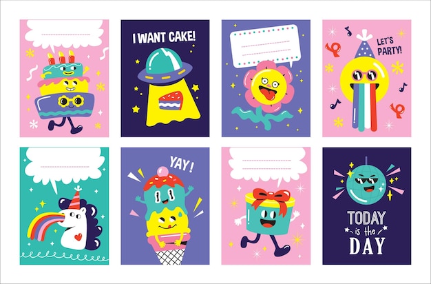 Conjunto de tarjetas de felicitación de cumpleaños con etiqueta de regalo con diseño de personajes divertidos y lindos