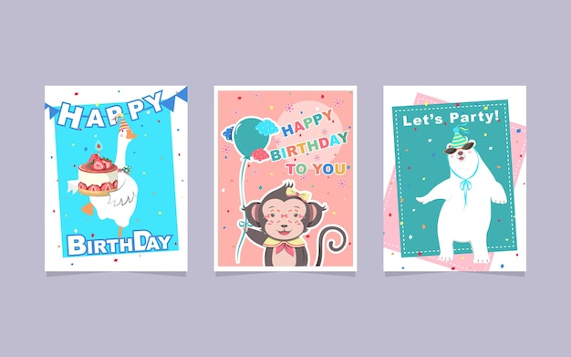 Conjunto de tarjetas de felicitación de cumpleaños con ganso, mono, oso polar, globo, pastel y confeti de colores