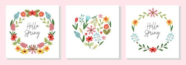 Vector conjunto de tarjetas de felicitación del día de la madre con hermosas flores marco floral corona corazones plantillas del día de las madres