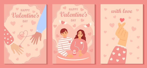 Conjunto de tarjetas de felicitación del día de San Valentín con calores hermosa pareja abrazando el hilo rojo del destino