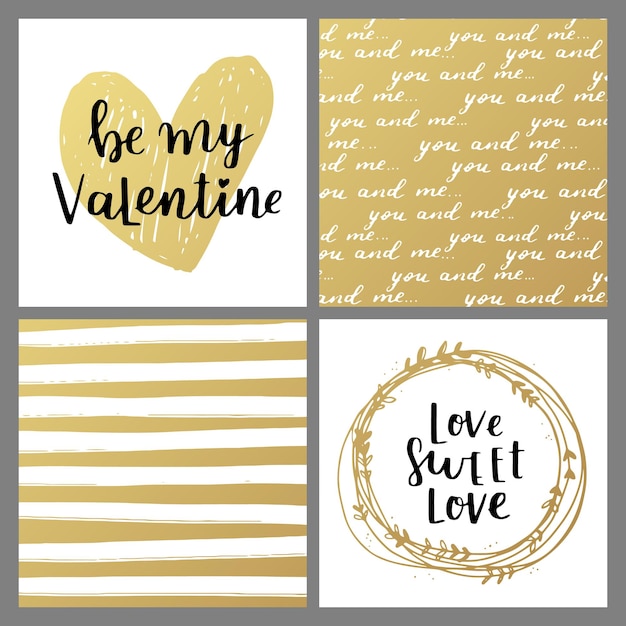 Conjunto de tarjetas de felicitación para el día de san valentín. colección de vectores con letras de pincel y elementos escritos a mano. etiquetas de color blanco y dorado para tu diseño e invitación.