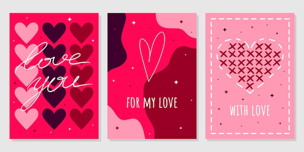 Vector conjunto de tarjetas de felicitación del día de san valentín letras de amor de corazón de dibujos animados de moda dibujados a mano vector