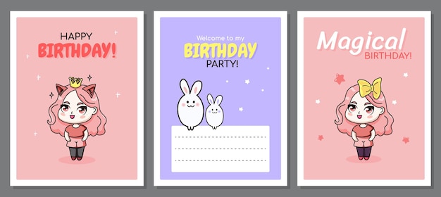 Conjunto de tarjetas de felicitación de feliz cumpleaños con chicas chibi y conejitos. Tarjetas de felicitación en estilo manga.