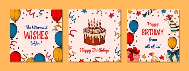 Vector conjunto de tarjetas de felicitación de feliz cumpleaños diseño dibujado a mano