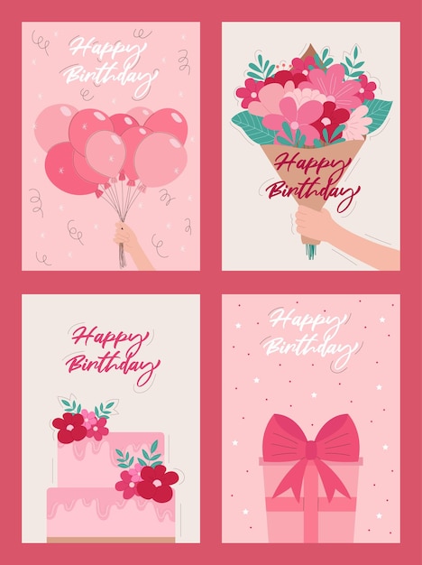 Conjunto de tarjetas de felicitación de feliz cumpleaños en estilo plano