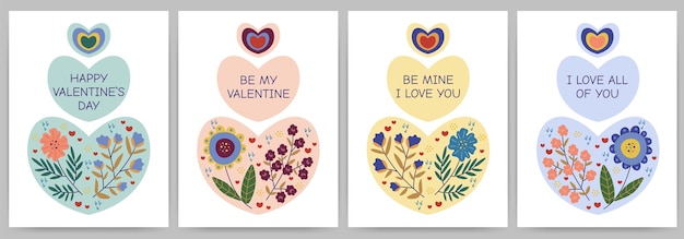 Conjunto de tarjetas de felicitación Feliz día de San Valentín declaración de plantillas de amor con corazones de flores