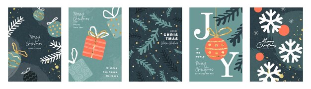 Conjunto de tarjetas de felicitación Feliz Navidad y Feliz Año Nuevo diseño moderno de moda con ilustraciones de
