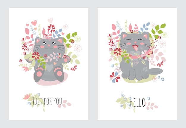 Conjunto de tarjetas de felicitación con gato gris y flores Con palabras solo para ti hola Postal universal