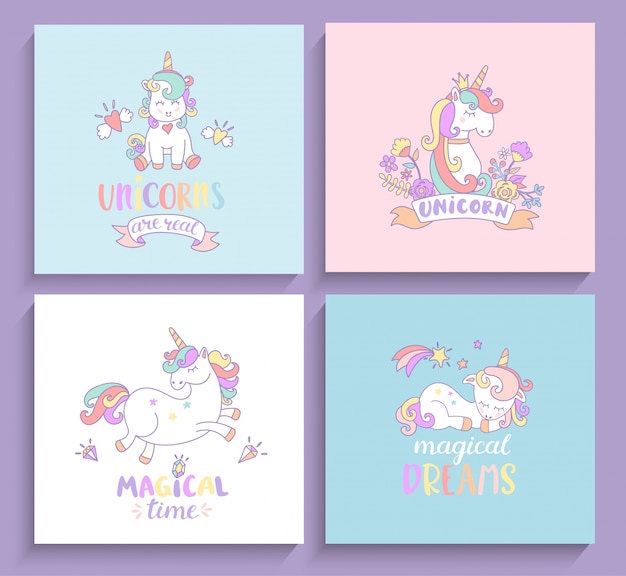 Conjunto de tarjetas de felicitación mágicas de unicornios.