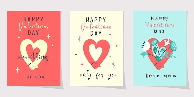 Vector un conjunto de tarjetas de felicitación minimalistas del día de san valentín dos manos juntas rotulación elementos de línea de corazón plantas flor para decorar tarjetas invitaciones de saludo diseño romántico ilustración vectorial