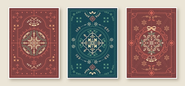 Vector conjunto de tarjetas de felicitación de navidad con adornos decorativos vintage.