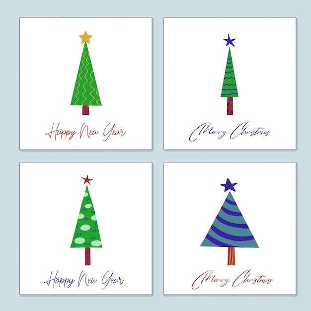 Conjunto de tarjetas de felicitación de Navidad de árboles de Navidad decorados estilizados