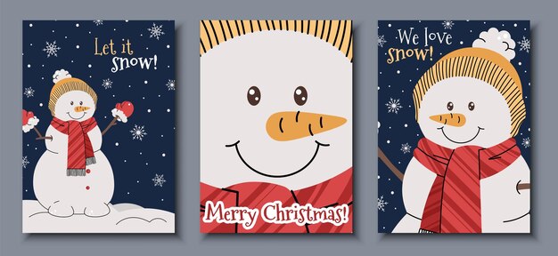 Conjunto de tarjetas de felicitación de Navidad con un muñeco de nieve en un sombrero y bufanda en un fondo azul con