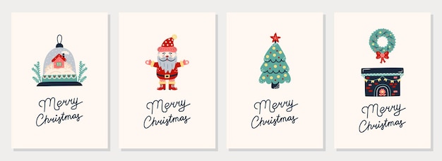 Conjunto de tarjetas de felicitación de Navidad simples en fondo beige claro Navidad y vector de año nuevo