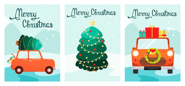 Un conjunto de tarjetas de felicitación navideñas con autos y árboles de navidad. ilustración vectorial