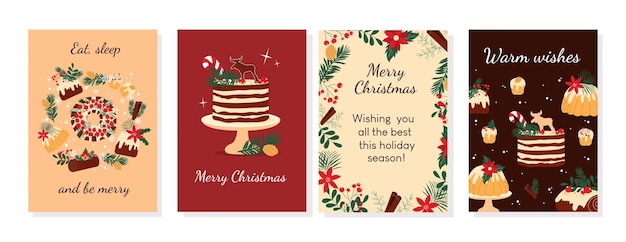 Conjunto de tarjetas de felicitación navideñas calientes dibujadas a mano con pasteles tradicionales, dulces y decoración de invierno