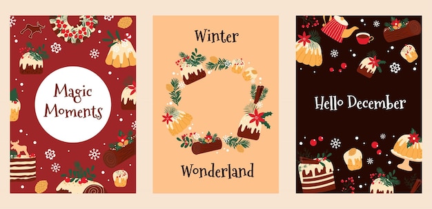 Conjunto de tarjetas de felicitación navideñas calientes dibujadas a mano con pasteles tradicionales, dulces y decoración de invierno