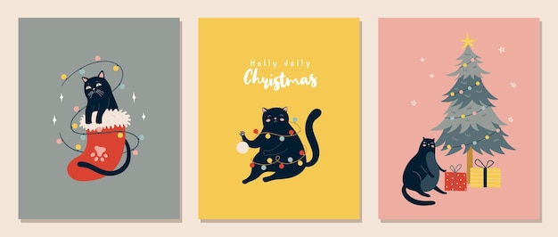 Conjunto de tarjetas de felicitación navideñas con gatos negros. carteles de año nuevo