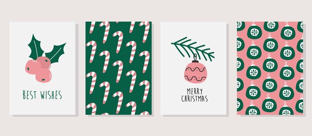 Conjunto de tarjetas de felicitación navideñas con texto navideño y elementos de diseño