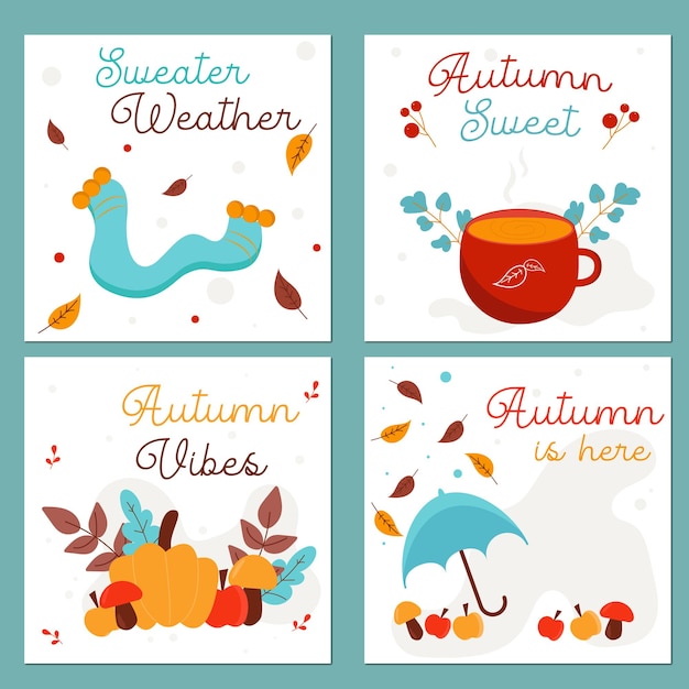 Un conjunto de tarjetas de felicitación de otoño en azul, amarillo y rojo Suéter clima Dulce Otoño