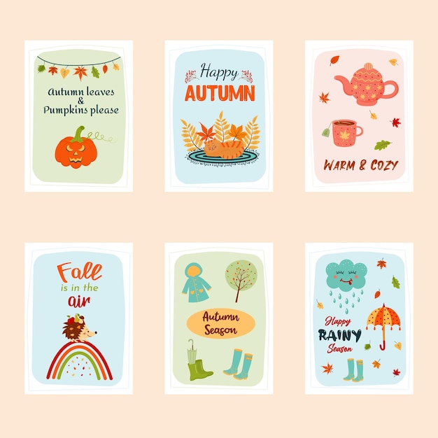 Conjunto de tarjetas de felicitación de otoño citas acogedoras y cosas lindas imprimir como una tarjeta o un póster acogedor