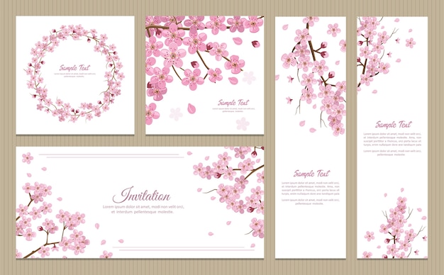 Conjunto de tarjetas de felicitación, pancartas y tarjeta de invitación con flores de sakura de flor