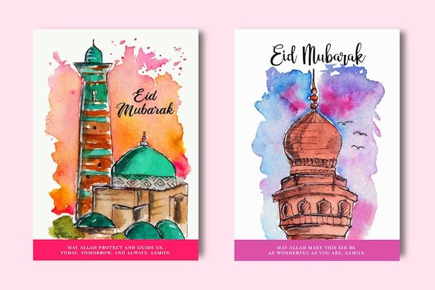 un conjunto de tarjetas de felicitación de ramadán islámico con boceto de mezquita acuarela