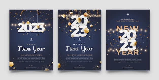 Vector conjunto de tarjetas de felicitación realistas de año nuevo 2023