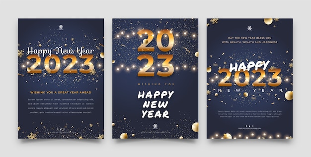 Vector conjunto de tarjetas de felicitación realistas de año nuevo 2023