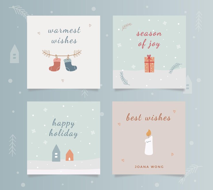 Conjunto de tarjetas de felicitación de vacaciones de invierno cuadradas con ilustración de hand_drawn de colores crema azul.