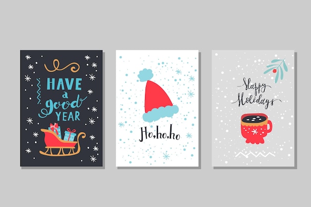 Conjunto de tarjetas de felicitación de vacaciones de invierno. Ilustración de vector de Navidad