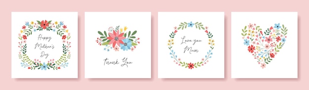 Conjunto de tarjetas de felicitación vectoriales para el Día de la Madre con hermosas flores marco floral corona corazones