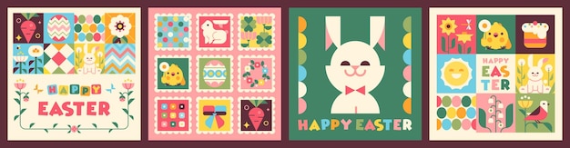 Conjunto de tarjetas de felicitación vectoriales Feliz Pascua Huevos de pollo flores decoración de primavera conejos conejitos cintas