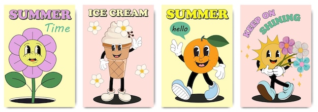 Conjunto de tarjetas de felicitación de verano carteles o fondos en estilo funky groovy dibujos animados verano 60s 70s.