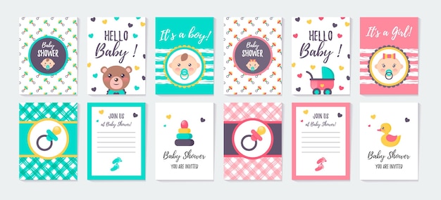 Conjunto de tarjetas de felicitación verticales e invitación para baby shower de niña y niño Es una niña