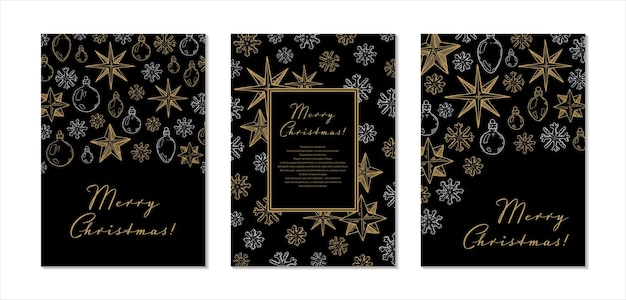 Conjunto de tarjetas de felicitación verticales Feliz Navidad y Feliz Año Nuevo con estrellas doradas dibujadas a mano y juguetes sobre fondo negro Ilustración vectorial en estilo boceto