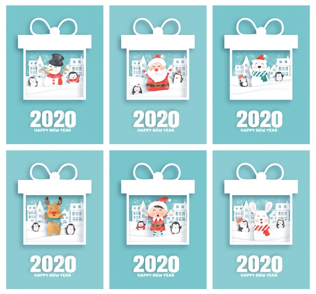 Conjunto de tarjetas de feliz año nuevo 2020 con santa y amigos en estilo de corte de papel