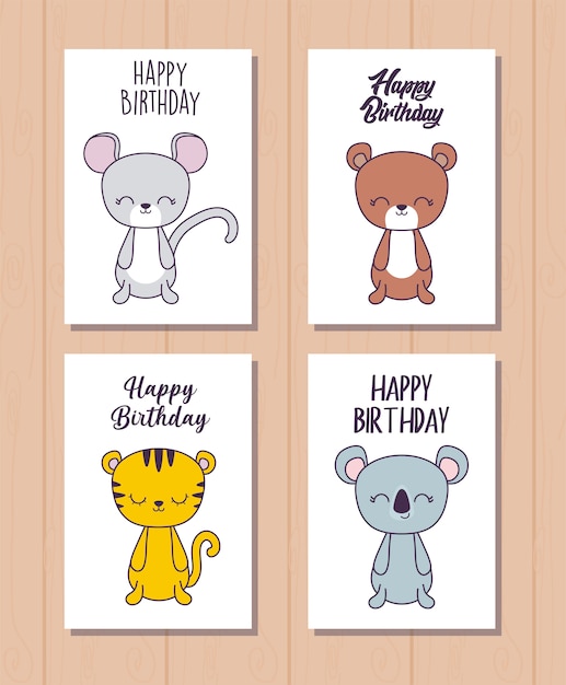 Conjunto de tarjetas de feliz cumpleaños con lindos animales.